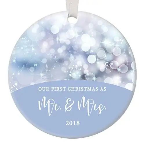 

Our First Christmas as Mr&Mrs Ceramic Ornament 2018,Blue Twinkling Lights Wedding Present for Bride Groom Newlyweds Husband Wife