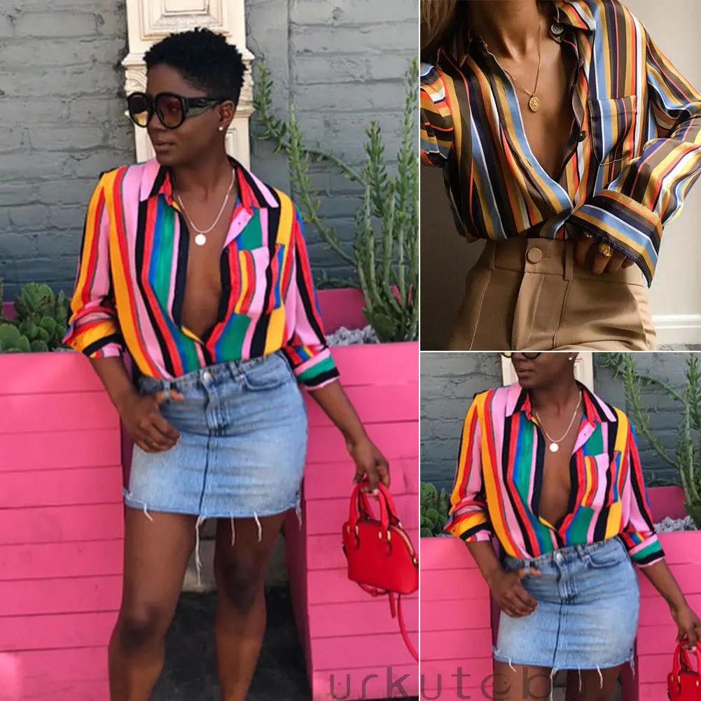 Women Shirts Summer Chiffon Loose Blouse Long Sleeve Striped Shirt Casual Button Down Fashion Streetwear | Женская одежда