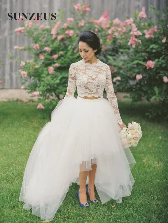 

Long Sleeve High Neck Weddingdress Appliques Crop Top High Low Tulle Skirt Two Piece Wedding Gowns Women Bridal Dress SAU238