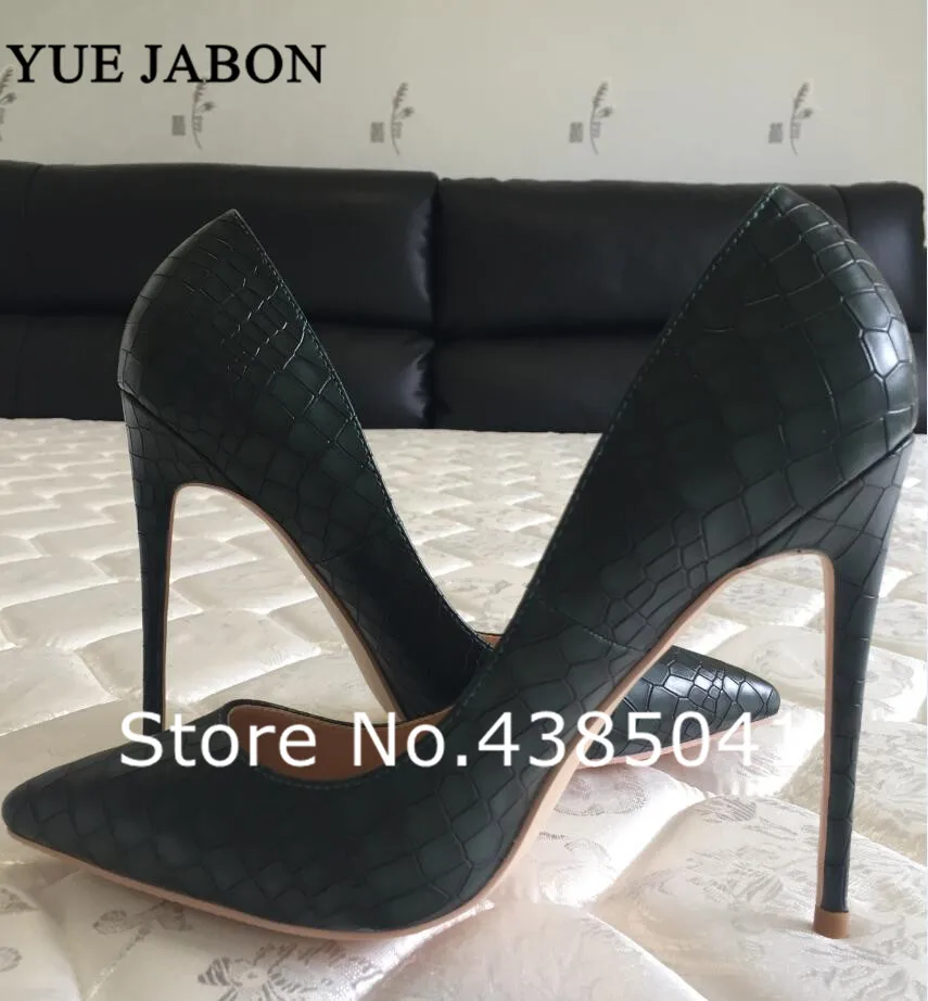 

YUE JABON 8 10 12cm dark green lady high heel pumps shoes party shoes women Pointed Toe thin heel shallow mouth slip on zapatos