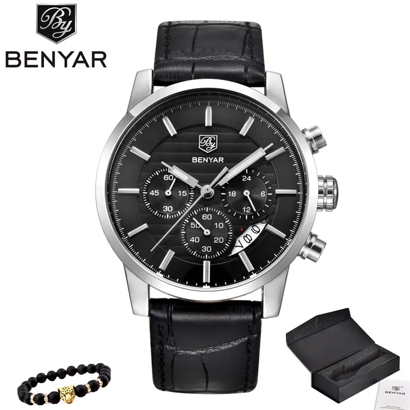 5104-Silver black BENYAR Повседневное модные Хронограф Спортивные Для мужчин часы лучший бренд класса люкс военные кварцевые наручные часы Relogio Masculino - Цвет: 5104-Silver black