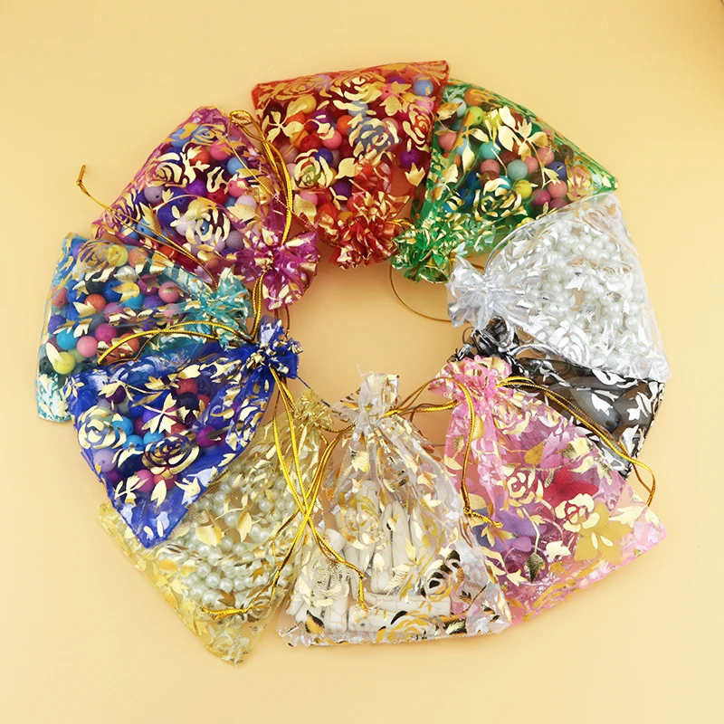 

New 100pcs Random Mixed Color Organza Wedding Party Favor Gift Candy Jewellery Bags Gold Rose Print Pouches 7x9cm