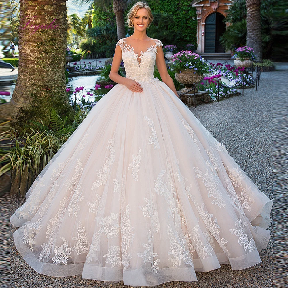 Женское свадебное платье Liyuke бальное с кружевной аппликацией на шее и открытой