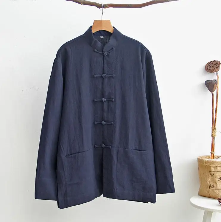 navyblue Осенняя новинка, мужская хлопковая льняная куртка Кунг-фу с длинным рукавом, традиционная китайская однотонная куртка в стиле Танг, свободное мужское платье YZT090301 - Цвет: navyblue