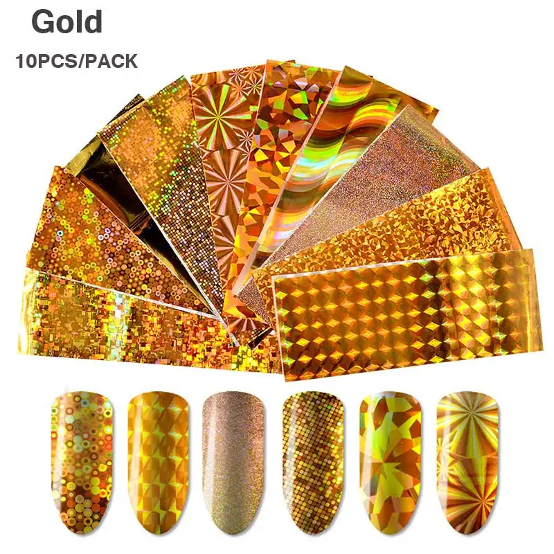 Gold 10pcs 10 листов золотого и серебряного цвета Фольга для ногтей Лазерная блестящая Смешанная цветная переводная наклейка голографические наклейки маникюрные украшения - Цвет: Gold 10pcs