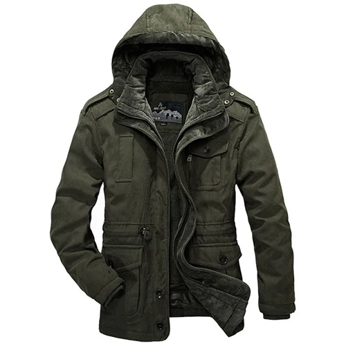 Army green Мужская зимняя куртка, толстая теплая парка, флис, мех, с капюшоном, военная куртка, пальто, карманы, ветровка, куртка, Мужская Повседневная Верхняя одежда - Цвет: Army green