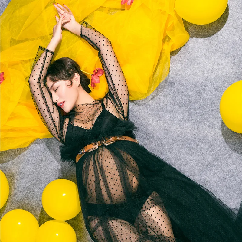 Беременность фото Shoot кружевное платье материнства с длинным рукавом Фотографии