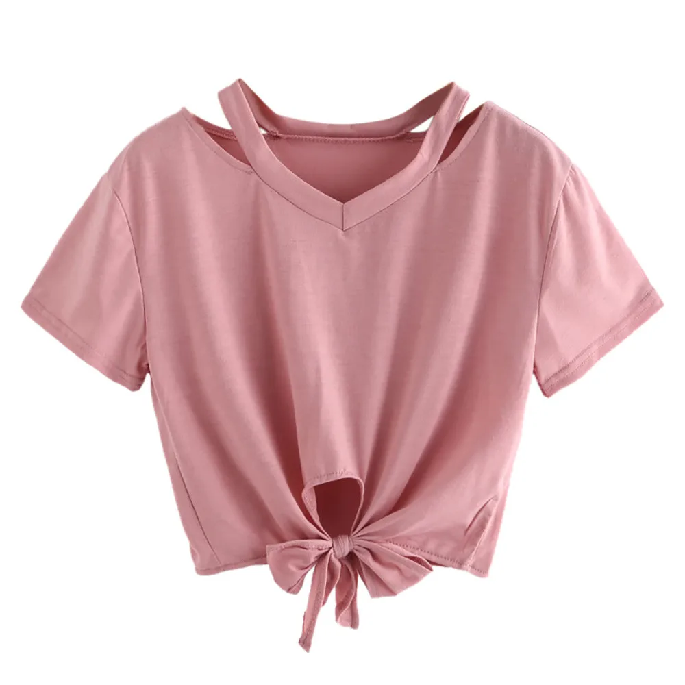 Женская футболка с коротким рукавом модная повседневная бандажная вырезом и