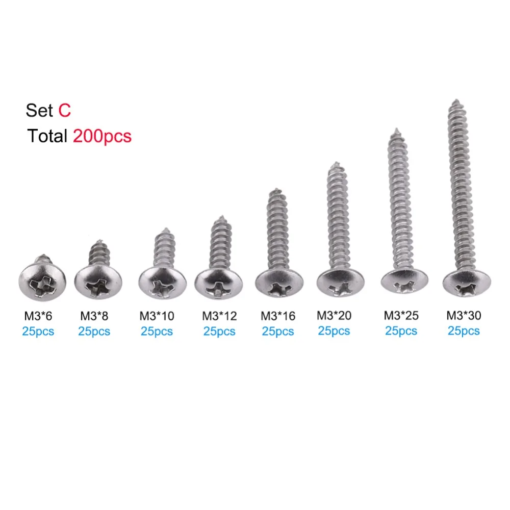 200 шт./компл. M3 шурупы из нержавеющей стали SS304 Саморезы/плоские/ферменные винты