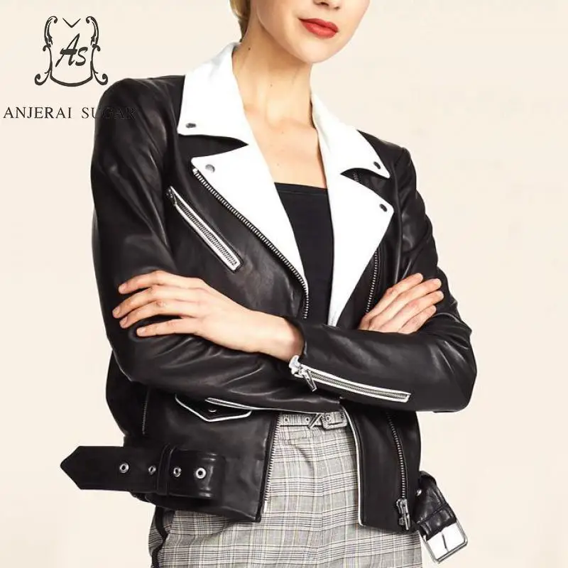 

Spring new Sheepskin Genuine Leather jacket women motorcycle Black white splicing Turn-down Collar pocket OL female short coat