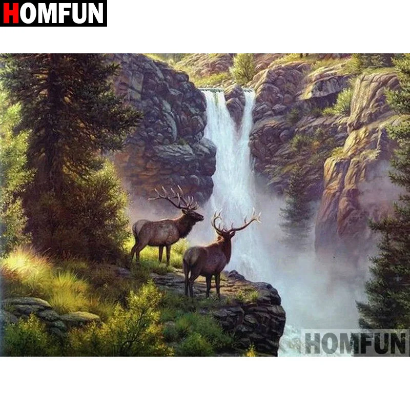Алмазная живопись HOMFUN A16409 Олень Водопад вышивка крестиком картина из