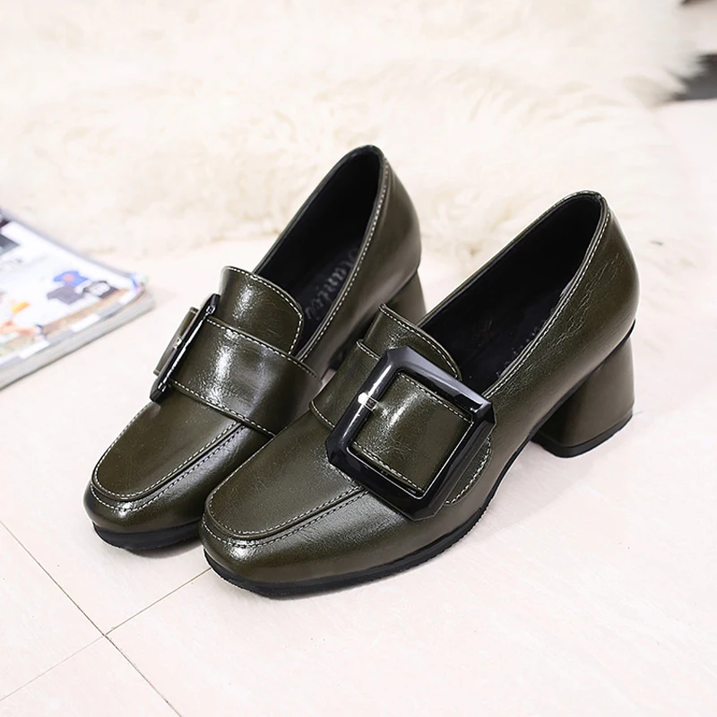 The spring of 2017 new British style square thick shoes buckle with documentary girls shoe side deep all-match High-heeled | Обувь