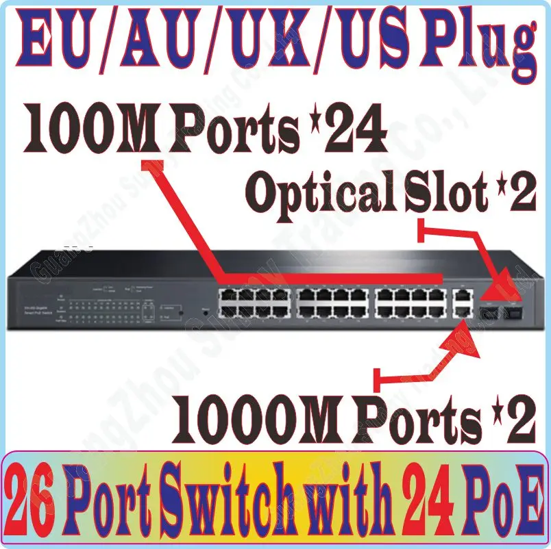 Макс. PoE 384 Вт переключатель с 26 портами обеспечивает питание для IP-камеры/точки