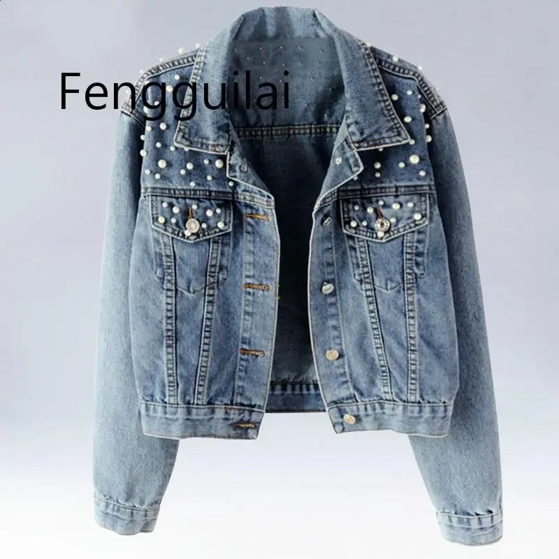 

Plus Size Pearl Beading Short Denim Jackets 3Xl 5Xl Women White Wash Long Sleeve Vintage Casual Jean Jacket Bomber Denim Coat