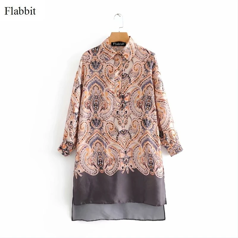 Flabbit Женские винтажные Длинные рукава суд print shirtdress свободные прямые платье дамы