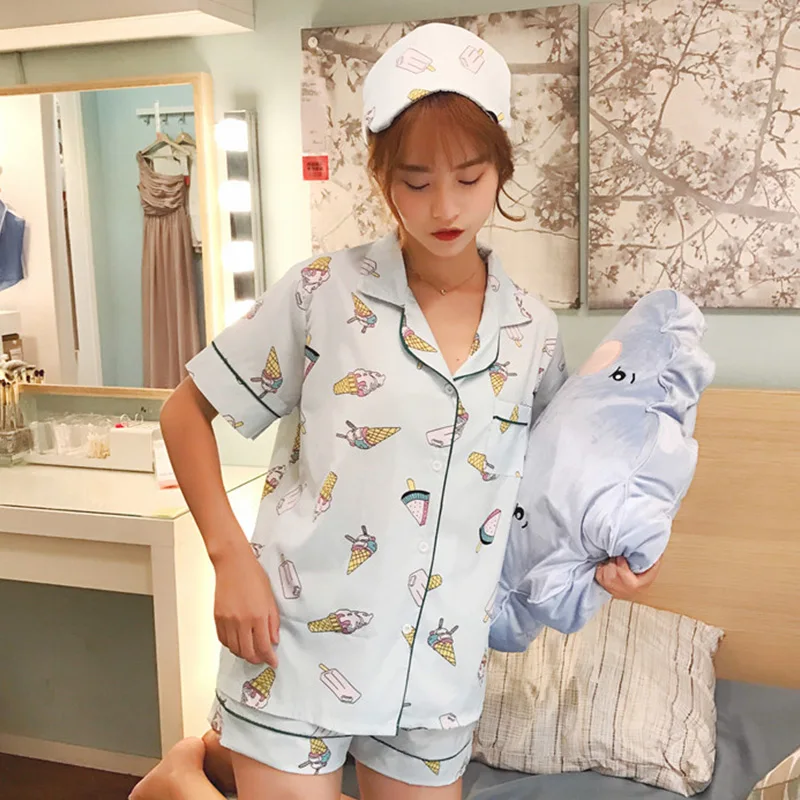 Blue 2 Kawaii принт комплект из двух предметов женские пижамы рубашка и шорты корейская мода свободные пижамы Женская повседневная домашняя одежда - Цвет: Blue 2