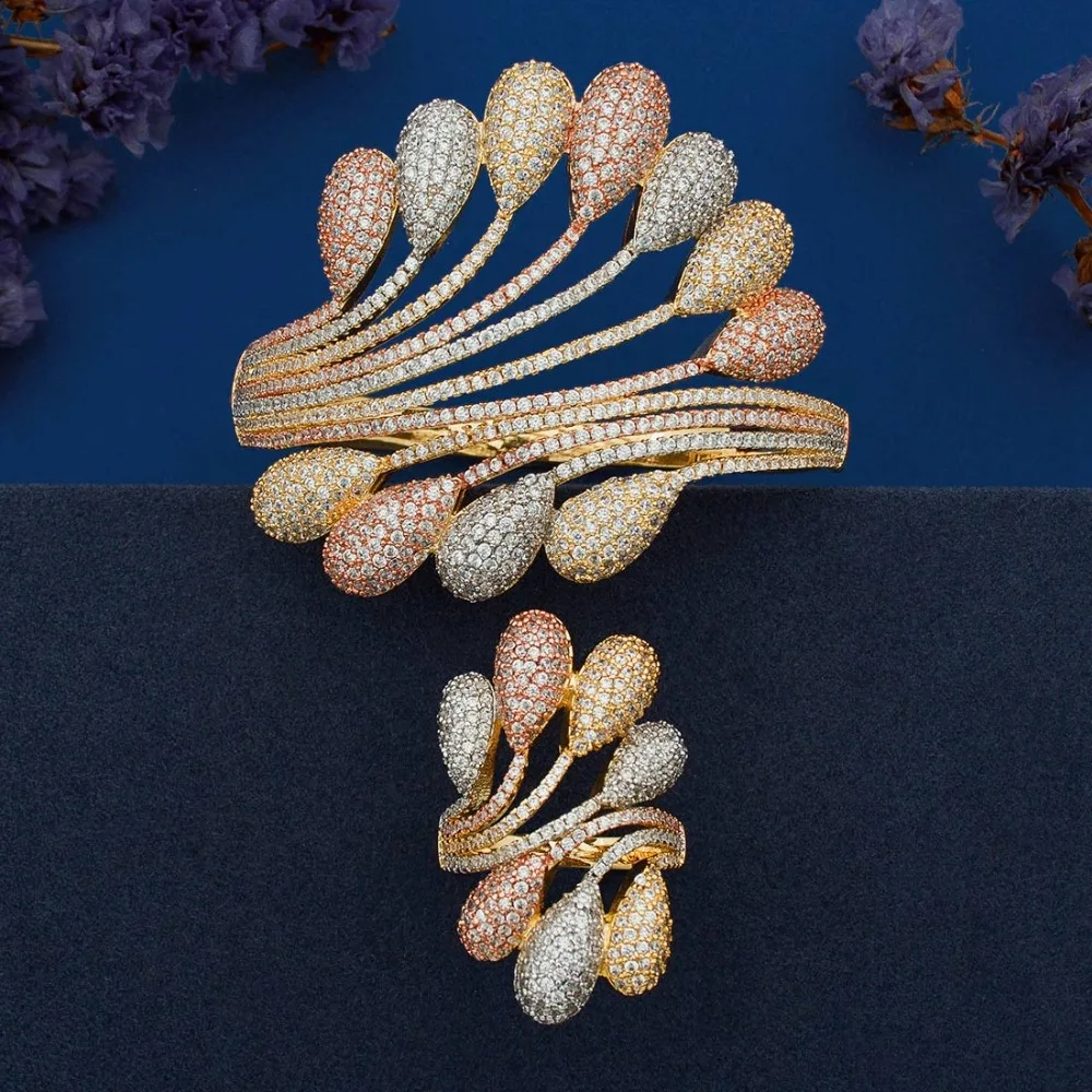 ModemAngel роскошный браслет с павлиньим хвостом и кубическим цирконием кольцо 3 тона