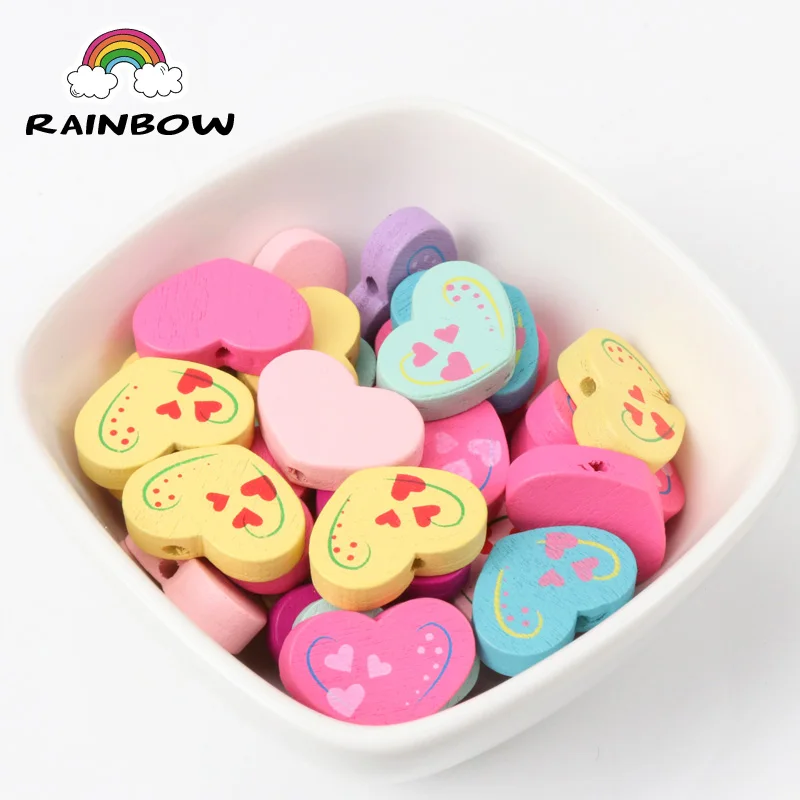 Mixed Colors Heart Shape Paintied Wooden Material Spacer Beads For Handwork Jewelry Accessories 19x13mm 50pcs | Украшения и