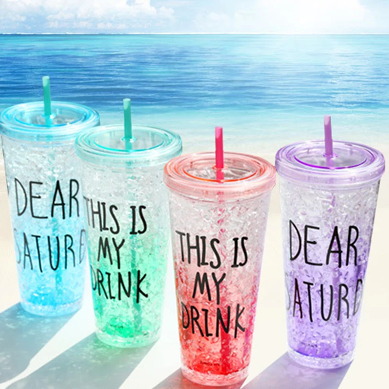 Двухслойная пластиковая бутылка для воды с соломинкой модный IceCup портативный