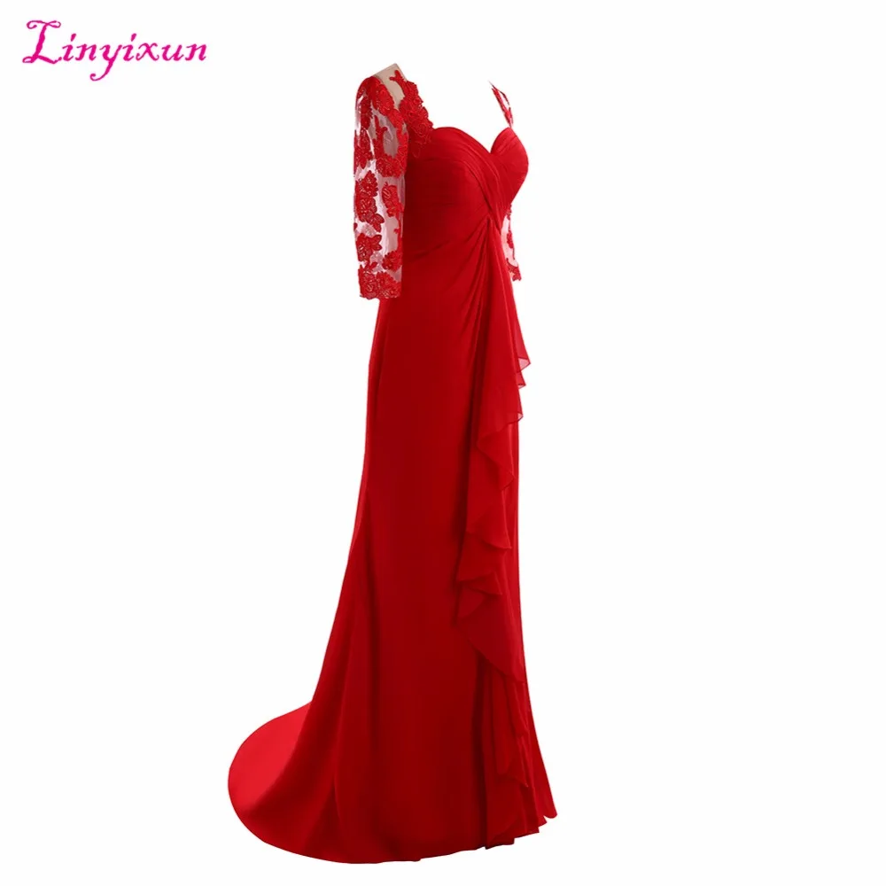 Linyixun реальное фото Красные кружевные платья для матери невесты 2017 элегантное