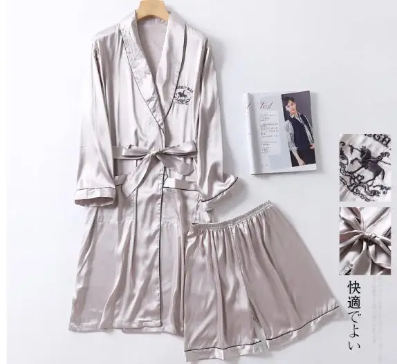 robe shorts set 7 Двухкомпонентная шелковая ночная рубашка, атласная Мужская одежда для сна, свободный шелковистый халат с длинным рукавом и длинными штанами, банный халат для мужчин - Цвет: robe shorts set 7
