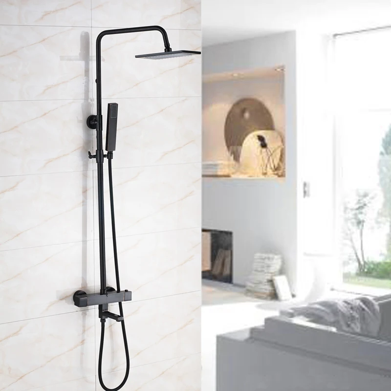 Black Color Dual Handle Thermostatic Bath &amp Shower Faucets 8 Inch Head and ABS Headheld Mixer Taps | Обустройство дома
