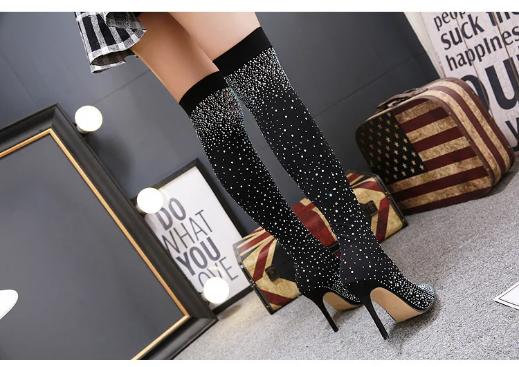 New Winter Knee Boots Sexy Fashion Warm Shiny Rhinestone Stretch Knee High Heel Women's Boots Winter Shoes ZL-139-21