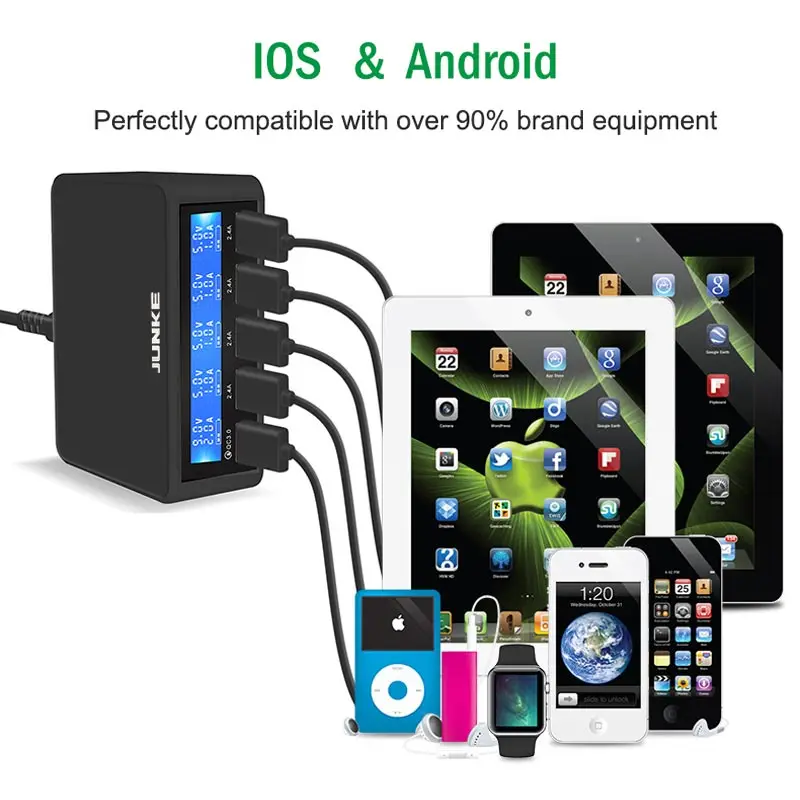 

JUNKE 5 Port USB 50W Multi Charger Station Quick Charge Fast Charging Multiple USB Charger HUB LED Display QC 3.0 Universal