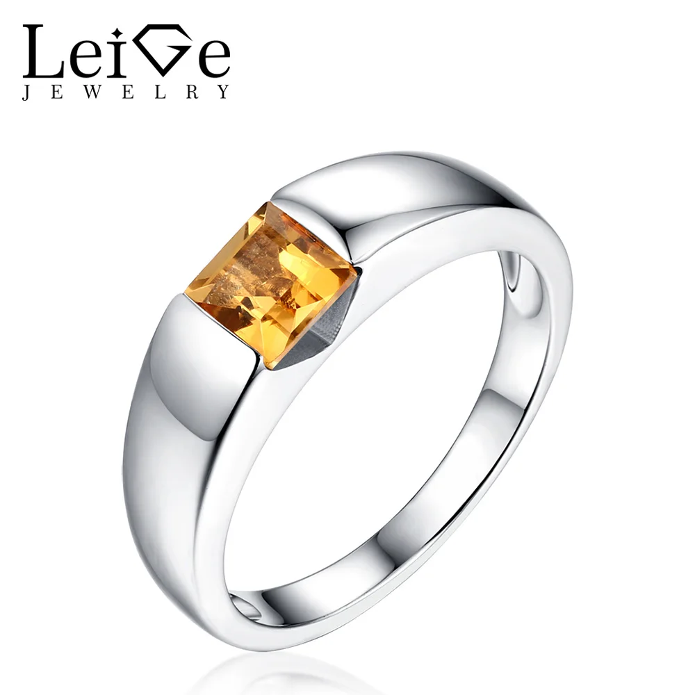 

Leige Jewelry Natural Citrine Ring Square Cut Bezel Setting Sliver 925 Rings Engagement Wedding Rings for Women Anniversary Gift