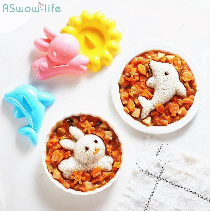 

4pcs Rabbit Dolphin Rice Mould Cartoon Mould Sushi Mould Kitchen DIY Set PP Plastic Dolphin Flower Animal Tools Handmade Kids