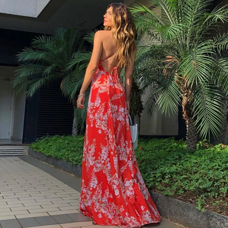 Red Backless floral print long dress 2019 Women Summer Dress Sexy Party Night Bohemian Beach Dresses Elegant Bandage Maxi | Женская