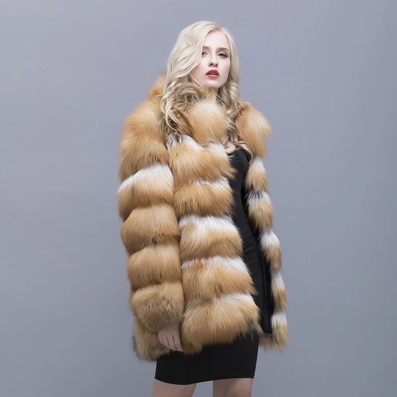 QIUSIDUN The Red Fox Fur Coat Mandarin Collar 75 Cm Coat Winter Warm Fashion Large Size Woman's Fur Coat Pocket Female Fox 2017