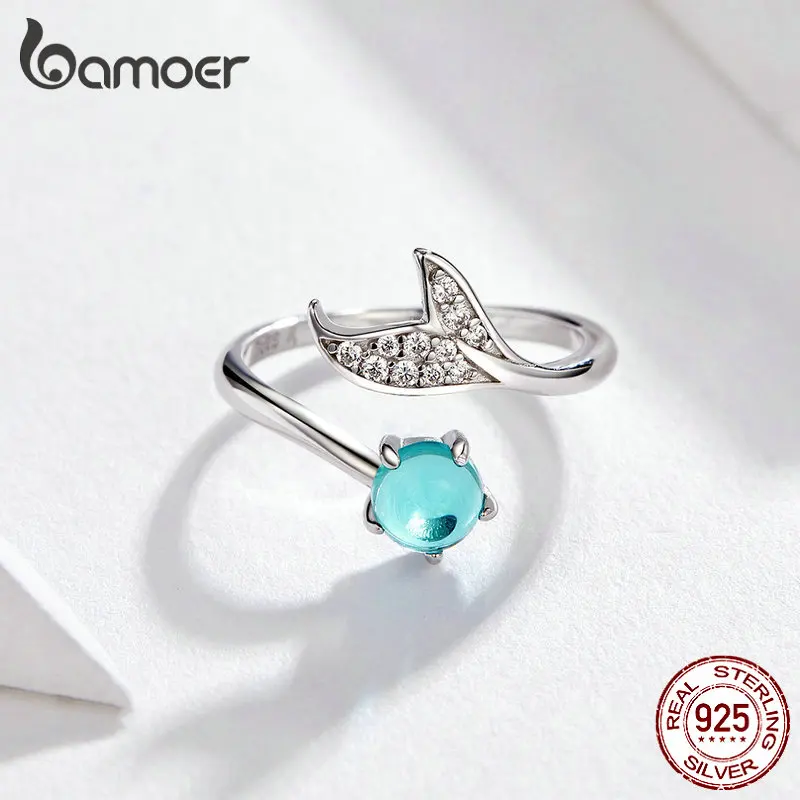BAMOER, кольцо русалки, 925 пробы, серебро, Голубой океан, камень, слеза, рыбий хвост, кольца для женщин, Открытое кольцо, ювелирные изделия SCR515