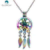 c729 rainbow color beaty dream catcher pentagram leaf cage pendant aroma essential oil diffuser locket necklace