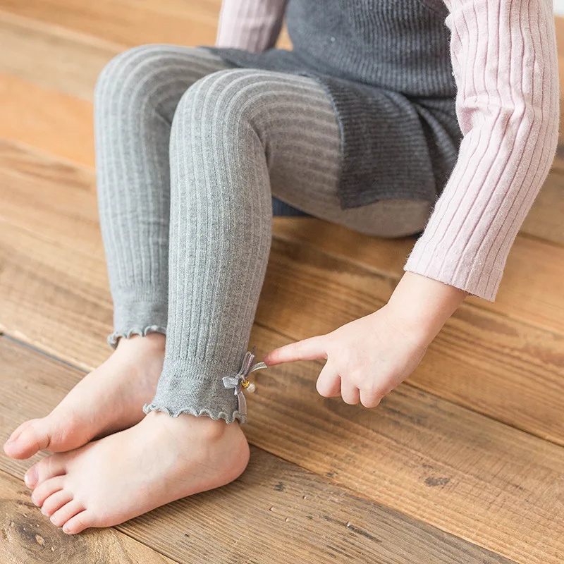 Весна осень новые детские колготки с бантом и жемчугом Вязаные Белые из чистого