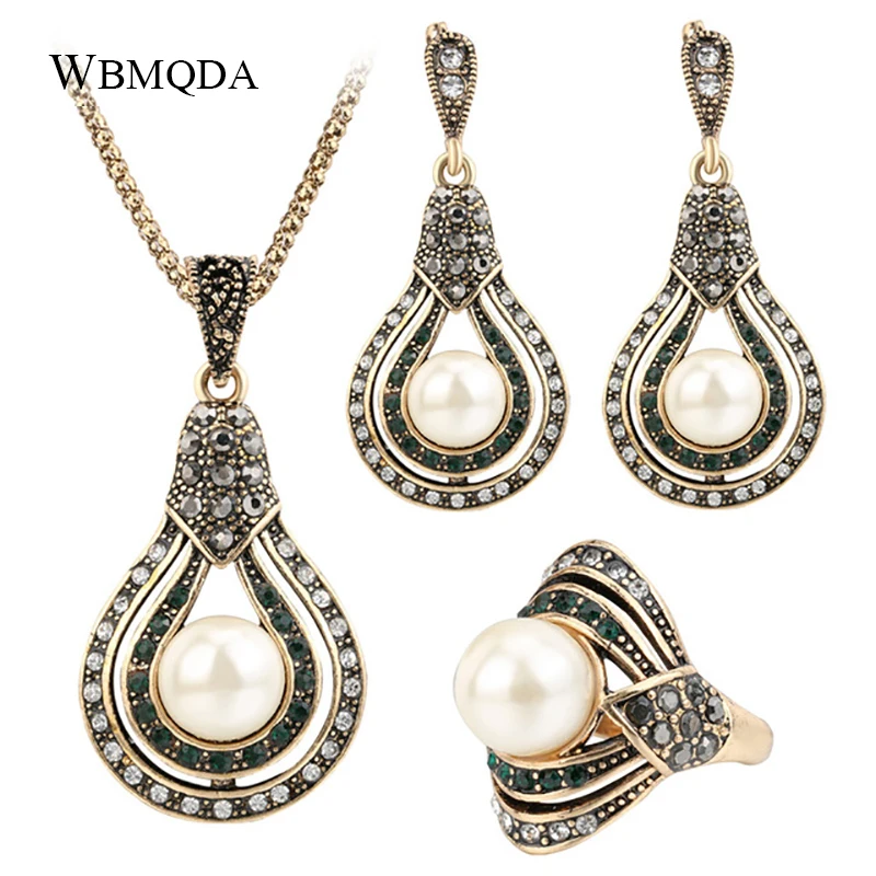 

3 Pcs/lot Vintage Bridal Jewelry Sets Boho Crystal Pearl Necklace Ring Earrings For Women Indian Gold Jewellery