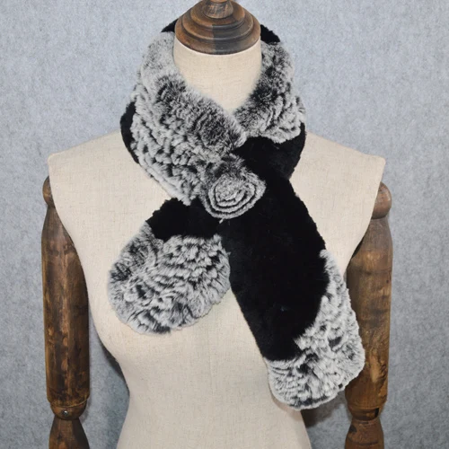 gray and black Горячая Распродажа, вязаный натуральный мех кролика Рекс, женский зимний шарф, модные шарфы из меха кролика Рекс, женский теплый шерстяной шарф - Цвет: gray and black