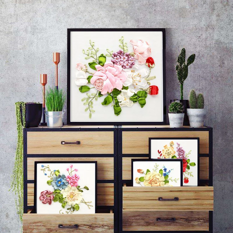 3D Easy Ribbon Embroidery Kit Flower DIY Decorative Canvas Painting For Beginner Needlework Sewing Craft Cross Stitch | Дом и сад