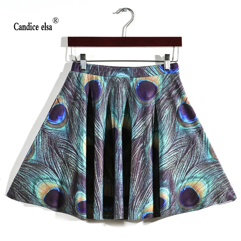 

CANDICE ELSA woman skirts digital printing wholesale peacock feather pleated skirt Skt1164