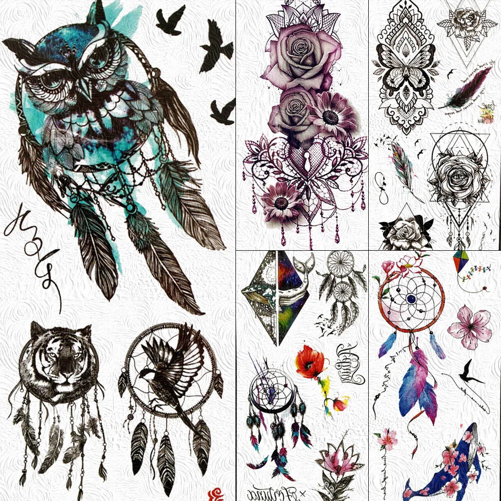 

Owl Style Dreamcatcher Temporary Tattoos Fake Sticker Body Art Arm Tattoo For Women Men Kids 3D Feather Waterproof Tatoos Tiger