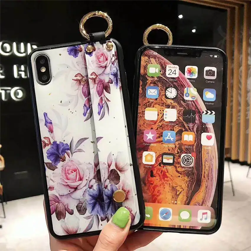 Soft Phone Back Cases For iPhone XR XS MAX 6s 8 7 Plus Luxury Retro Rose Flower Pattern Holder Stand Covers With Wristband Coque |