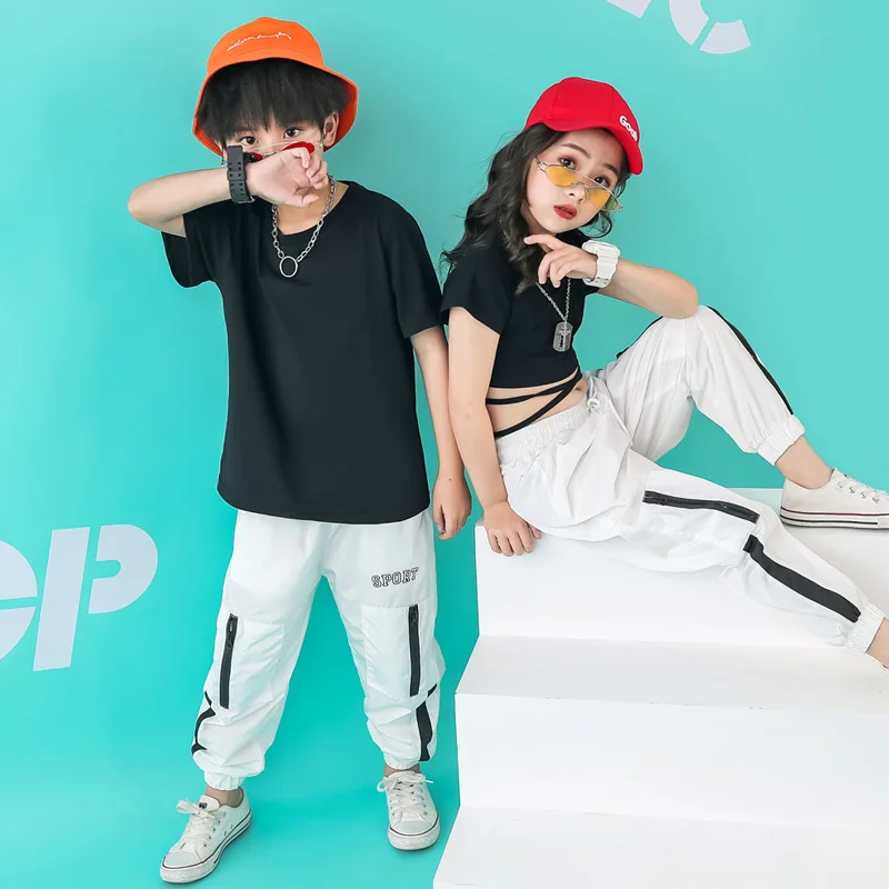 

Kids Hip Hop Dance Costumes Black Short Sleeve Top White Casual Pants For Girls Boys Teenager Clothes Children Street Dancewea