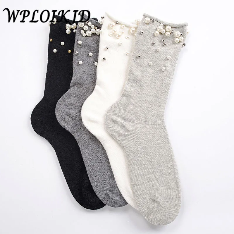 

[WPLOIKJD]Women Cotton Silk Colorful Shining Meias Gift Handmade Flower Pearl Glitter Socks Solid Heap Heap Calcetines Mujer