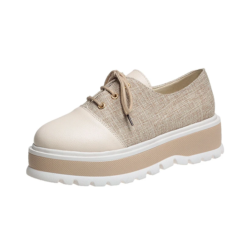 Женская обувь на платформе 5 см плоской подошве шнуровке из искусственной кожи