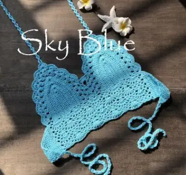 Sky Blue Бикини, сексуальный топ ручной работы, вязаный кроп-топ, женский летний купальник, лифчики, пуш-ап, свободные пляжные майки с лямкой на шее, бюстгальтеры для йоги - Цвет: Sky Blue