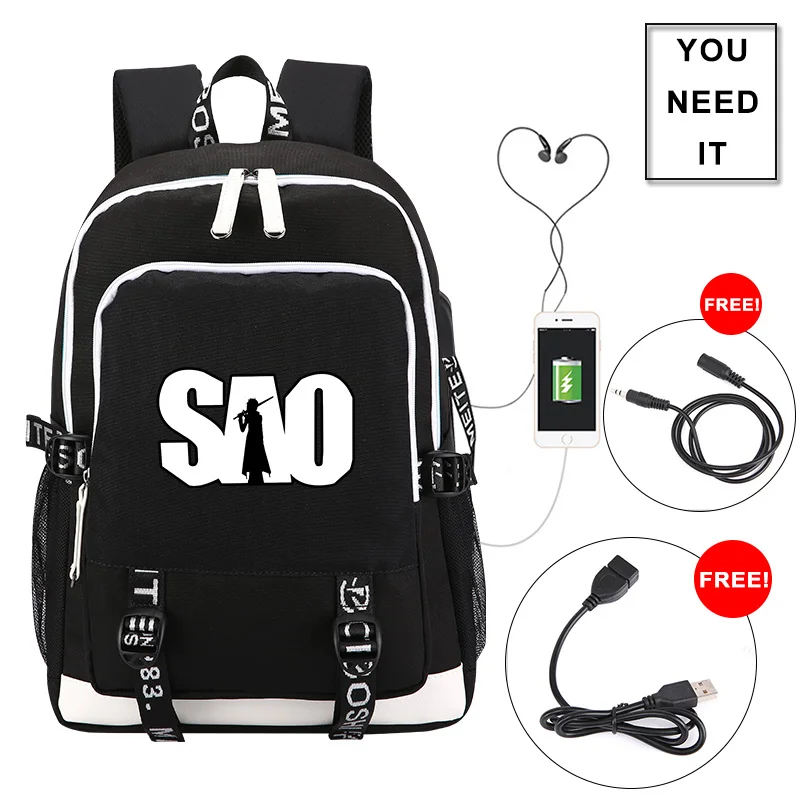 Рюкзак с принтом Sword Art Online SAO, рюкзак для ноутбука с usb зарядкой, рюкзак для путешествий в стиле аниме, школьные сумки для девочек-подростков