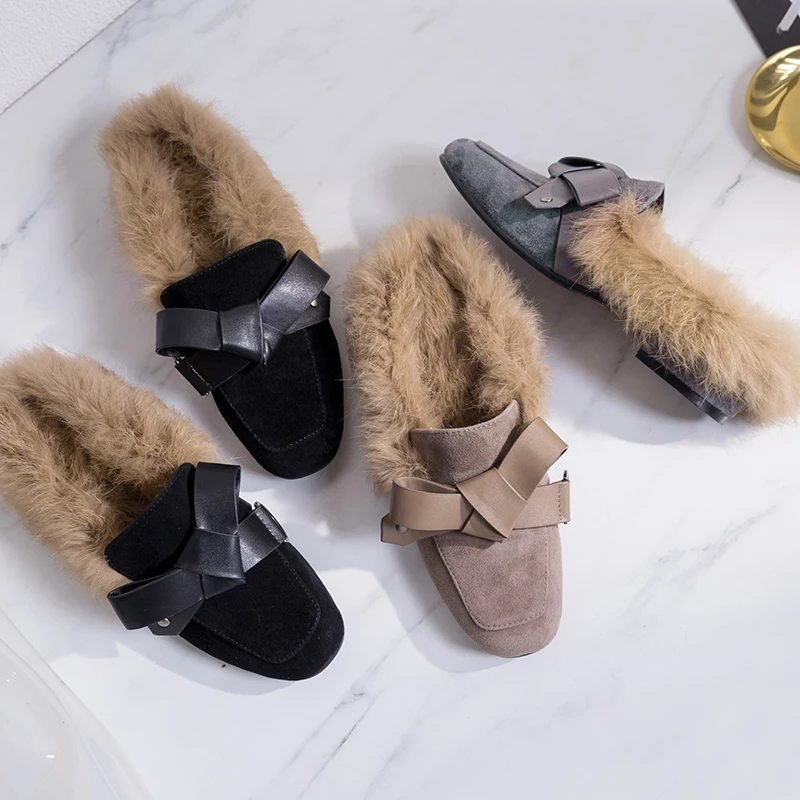 Женские замшевые шлепанцы ISNOM меховые с круглым носком модные повседневные мюли