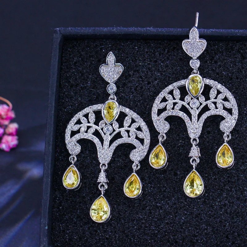 ANGELCZ Vintage Party Green Cubic Zirconia Stone Silver Color Big Chandelier Drop Earrings for Women Evening Dress Jewelry AE199 | Украшения