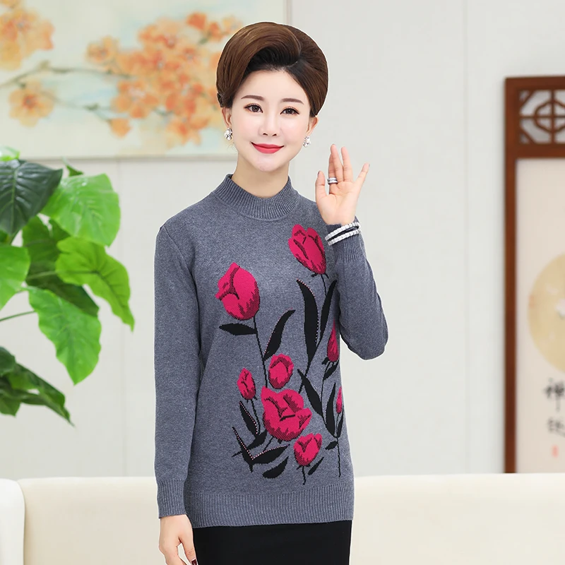 Осенне-зимний теплый вязаный пуловер женский свитер с принтом среднего возраста