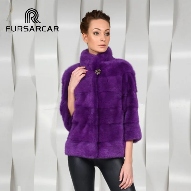 Женская Шуба из натуральной норки FURSARCAR фиолетовая теплая Короткая Меховая